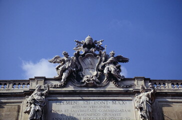 Detail view of Sculpture on the top of the Trevi Fountain, in Rome, Italy during 1990s.