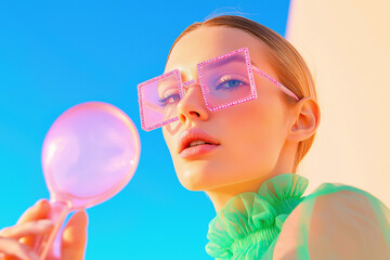 Naklejka premium Model in pink rhinestone square sunglasses holding a pink lens against a vibrant blue sky. Futuristic fashion meets whimsical pastel styling in this beauty portrait.