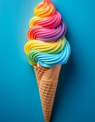 Colorful rainbow ice cream cone with swirls of vibrant colors against a blue background