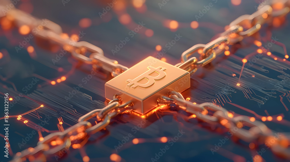 Poster glowing encryption technology and blockchain concept in abstract art