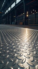 Fototapeta premium Diamond Plate Flooring Perspective with Factory Interior, Durable Metal Surface, Industrial Setting, Dim Lighting, and Architectural Background.