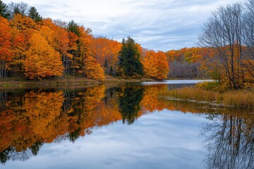 Serene autumn landscape with vibrant foliage reflected in a calm lake