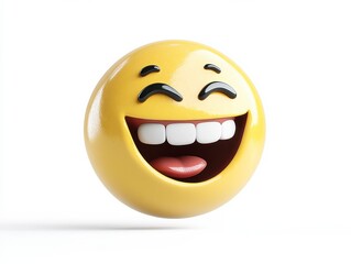 Bright yellow smiley face with large grin and white teeth on a clean wall
