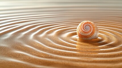 Golden sand surface with a spiral seashell in the center, smooth ripples around it, simple and elegant postcard design. 