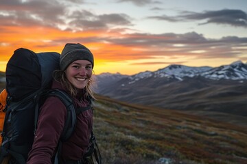 Naklejka premium Hiker watching colorful sunset in mountains 