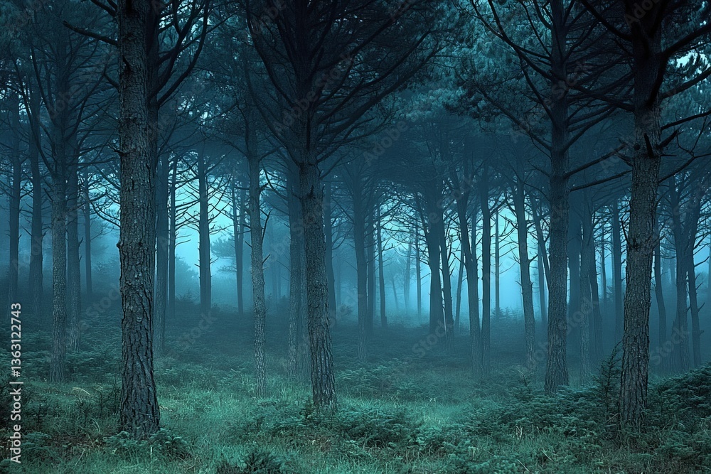Poster dense forest shrouded in mist at dawn with tall pine trees and mystical atmosphere
