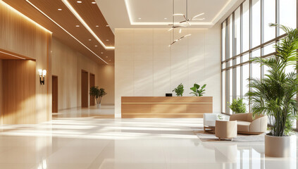 Fototapeta premium Modern Lobby Interior Design: Sunlit Elegance in a Contemporary Office Space