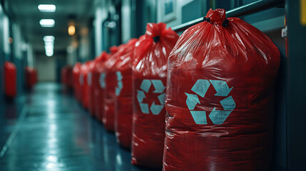 A hospital waste bin filled with red biohazard bags, marked with warning symbols for infectious materials