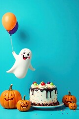 Fototapeta premium A cheerful ghost floats with balloons towards a delicious Halloween cake and smiling pumpkins