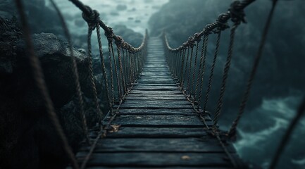 Fototapeta premium A suspenseful view down a rickety rope bridge, stretching into a misty abyss. Dark, moody tones create a sense of mystery and adventure.