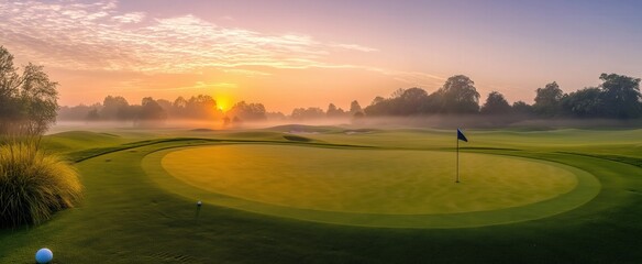 Serene sunrise over misty golf course green with flag and golf ball