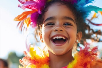 Happy girl wearing colorful feathers	