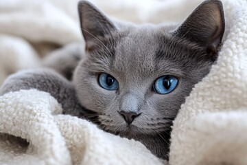 Gray cat with striking blue eyes resting comfortably in soft blankets at home