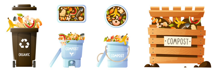 Vector set on the theme of organic compost, eco gardening, composting, agriculture. Compost bucket, compost wooden box, food waste, container, bucket for composting in the apartment.