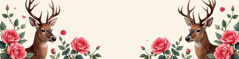 Fototapeta premium Seamless background featuring illustrated deer heads surrounded by blooming roses, illustration, roses, pattern