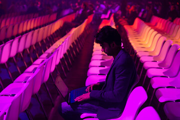 Indian man working on laptop in auditorium during a conference of AI