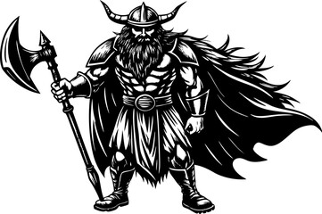 Obraz premium Viking warrior with a horned helmet, flowing beard, battle axe, and a billowing cape, standing in a powerful pose sketch Linocut Vector