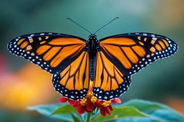 Fototapeta premium Monarch butterfly perched on vibrant flowers in a lush garden during a sunny day