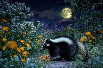 Skunk foraging under moonlight among vibrant orange and white flowers