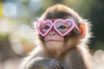 Cute monkey wearing heart-shaped glasses poses for a close-up in a sunlit forest setting