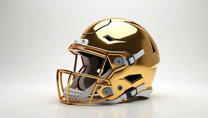 Fototapeta premium Gold football helmet on white backdrop. Modern sport head protection gear. Shiny golden face mask, high-quality professional equipment for American football players. Safety, design concept for team