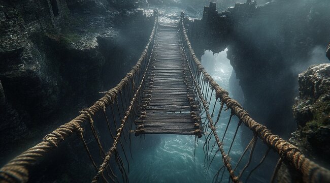 Fototapeta A rickety rope bridge hangs precariously over a chasm, dark water swirling below. An adventurous journey awaits!
