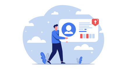 Man carrying a large profile card. Uploading data concept.