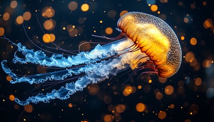 A bioluminescent jellyfish gracefully swimming amidst glowing golden particles