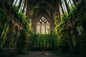Overgrown gothic cathedral with sunlight	