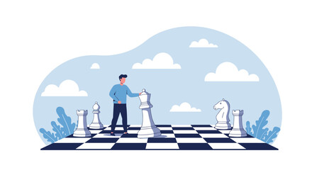 Obraz premium Man makes strategic move on giant chessboard.