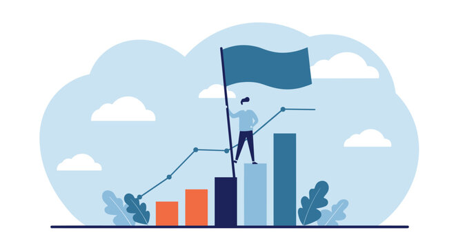 Man celebrates success, raising flag atop bar graph.
