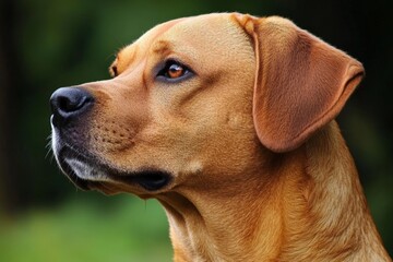 Dog gazes thoughtfully in a lush green setting during the afternoon