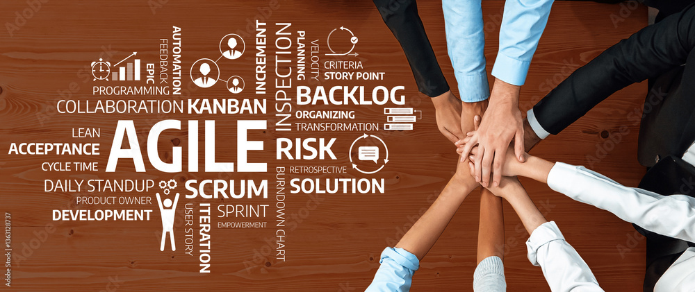 Poster engaging visual of hands working together on agile scrum methodology showcasing cooperation in proje