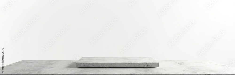 Poster Empty concrete shelf display isolated. Gray stone platform. Modern loft studio bar counter background. Product mockup, display your item, showcase design. Ideal for product presentation.