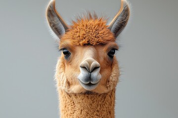 Fototapeta premium Adorable llama with fluffy ears and curious expression against neutral background