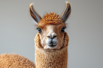 Obraz premium Close-up of a curious alpaca with soft brown fur and gentle expression against a neutral background