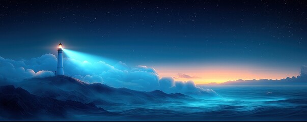 Lighthouse guiding a ship under a starry and colorful twilight sky