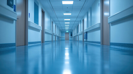 Obraz premium A modern hospital corridor with a blurred background, subtle details of doors and medical signs visible
