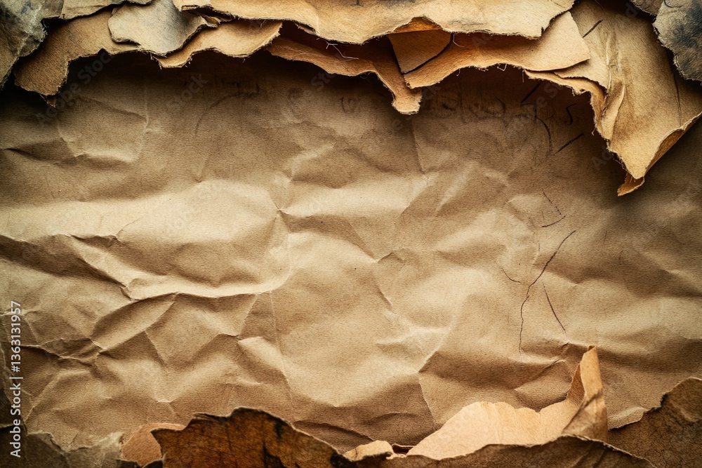 Poster Torn and crumpled paper texture displaying natural wear and age with intricate details in a close-up view
