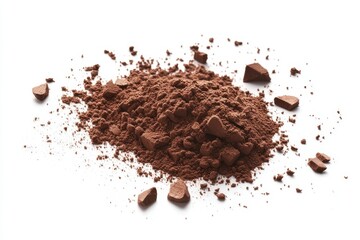 A pile of brown powder and small chocolate pieces scattered on a white surface in studio lighting