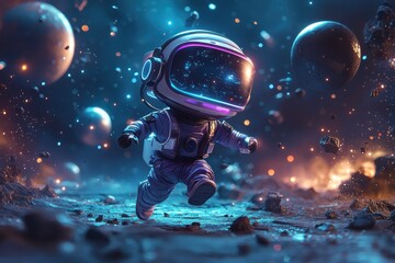 Naklejka premium Astronaut in futuristic virtual reality themed outer space with glowing planets around