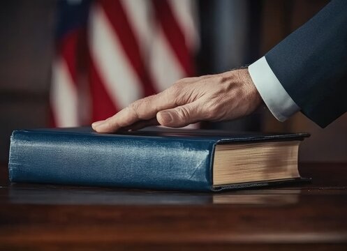 Politician taking oath of office with hand on book and american flag