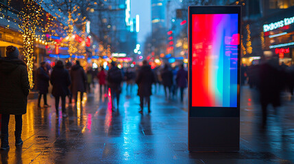 Obraz premium Street scene with a colorful display board with pedestrians blurred in background