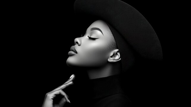 Serene Black And White Portrait Of A Woman In A Textured Hat