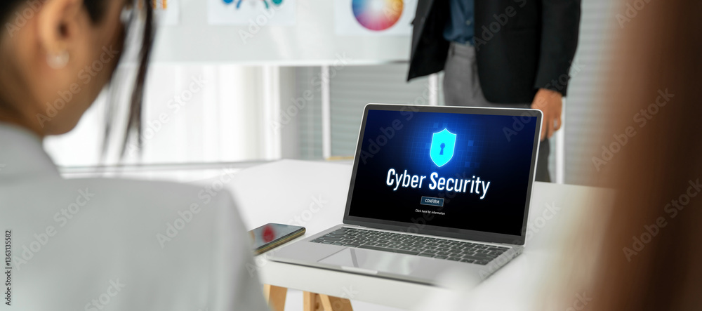 Poster cyber security system on computer screen protect private information snugly from hacker and cyber at