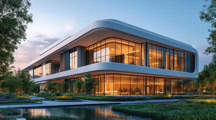 Fototapeta premium A sleek modern hospital building with a minimalist design, surrounded by greenery, futuristic healthcare architecture