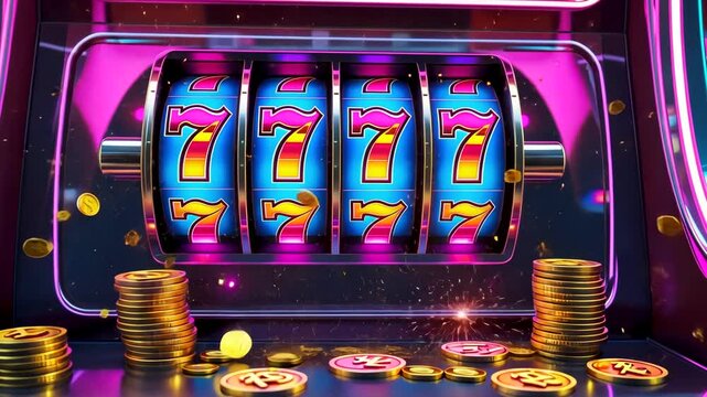 Slot machine hitting jackpot with triple sevens and flying golden casino coins