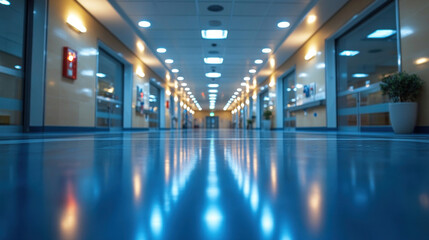 A softly blurred hospital background with robotic arms in the distance, high-tech healthcare concept