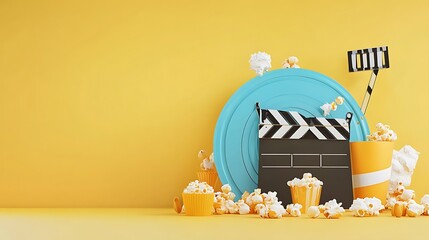 3D Render: Movie Night Setup Against Vibrant Yellow Background AI Generated