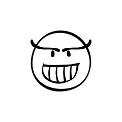 Smiling black and white cartoon face with mischievous expression and raised eyebrows